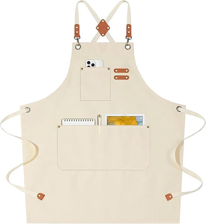 AFUN Chef Aprons for Women Men with Oversized Pockets, 12-Ounce Cotton Canvas Cross Back Water Repellent Apron (Cream) by BringYouaFun