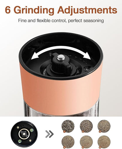 Gravity Electric Salt and Pepper Grinder Set with USB-C Charging Base,Rechargeable Automatic Stainless Steel Pepper Mill Grinder with LED Light, 2pack+Peach Orange (Peach Orange)
