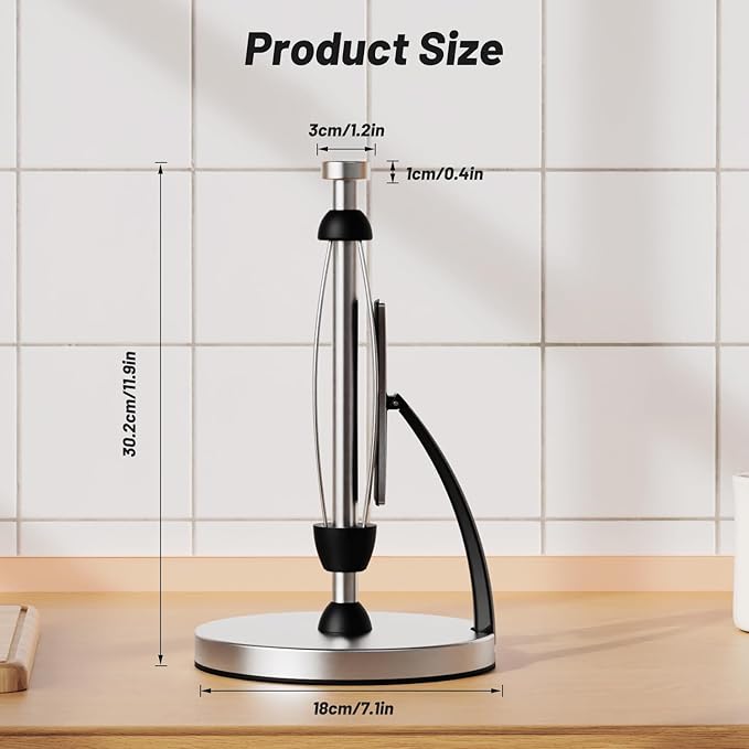 VEHHE Paper Towel Holder Countertop, One-Handed Tear, Stainless Steel, Stand Paper Towel Holder with Spring Activated Arm & Non Slip Weighted Base, for Kitchen Bathroom (Silver) - Image 5