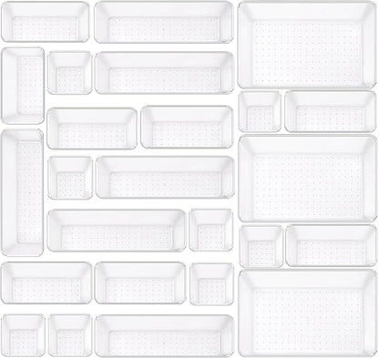 Clear Acrylic Drawer Organizers Set Storage for Makeup, Office Desk Small Vanity Trays for Drawer Bathroom Plastic Make up Organizers 25 Pcs