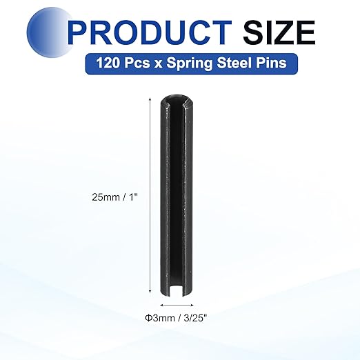 MECCANIXITY 120Pcs Slotted Split Roll Pins 3/25 Inch(3mm) Dia. 1 Inch(25mm) Length 65Mn Steel Spring Tension Expansion Dowels for Secure Fastening, Black