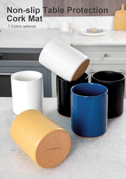 Nucookery Utensil Holder, 6.4" Ceramic Kitchen Utensil Holder for Countertop with Protection Cork Bottom, Vintage Farmhouse Kitchen Decor for Counter (Yellow Sand) - Image 4