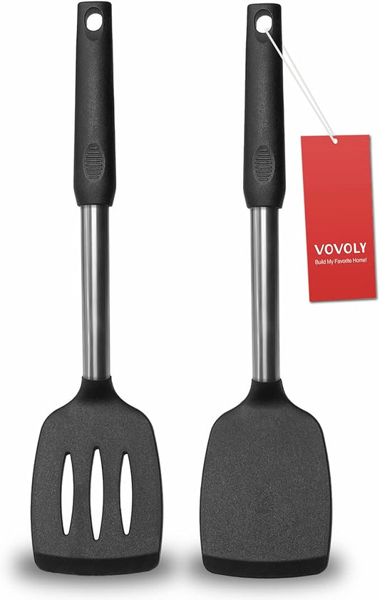 2 Pack Spatulas, Solid & Slotted Silicone Spatula Set, Stainless Steel Handle Coated with Silicone, Non Stick Turners, Heat Resistant Rubber Spatulas for Fish, Eggs, Pancakes, WOK, Black by VOVOLY