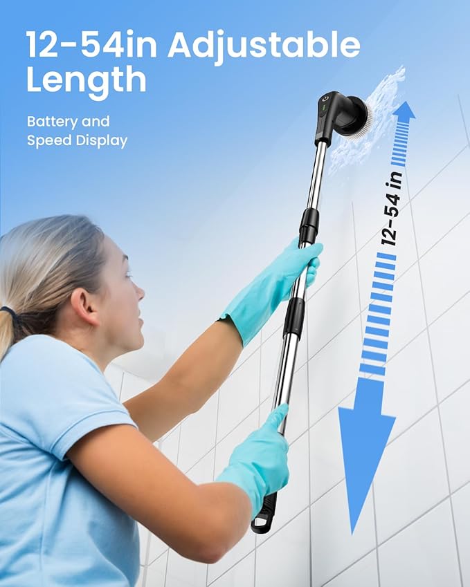 Leebein Electric Spin Scrubber, Cordless Cleaning Brush with 8 Replaceable Brush Heads, Tub and Floor Tile Power Scrubber Dual Speed with Adjustable & Detachable Handle for Bathroom Tub (All Black) - Image 4