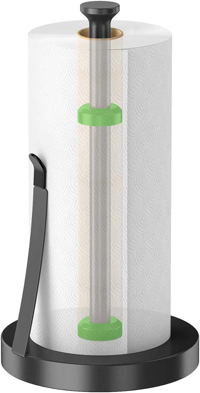 Jesginboo Countertop Paper Towel Holder for Kitchen, Stainless Steel Tension Arm for One-Handed Tear, Stainless Steel Paper Towel Holder Stand for Kitchen Bathroom, Black