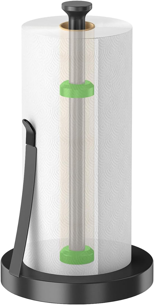 Jesginboo Countertop Paper Towel Holder for Kitchen, Stainless Steel Tension Arm for One-Handed Tear, Stainless Steel Paper Towel Holder Stand for Kitchen Bathroom, Black