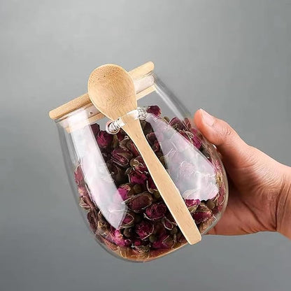 Airtight glass jar storage container with bamboo lid Set of 4, wide mouth, leak-proof, With a spoon, can be used for coffee beans, tea leaves, grains, dried fruits, etc (Middle*4pcs) - Image 6