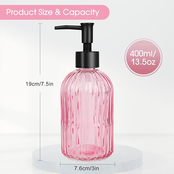 Topsky Stripe Glass Soap Dispenser with Black Plastic Pump, 400ml Liquid Hand Soap Dispenser, Rustproof Pump for Kitchen & Bathroom, Great for Lotions, Essential Oil, Liquid Soaps-Pink - Image 4