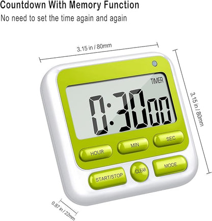 KTKUDY Digital Kitchen Timer with Mute/Loud Alarm Switch ON/Off Switch, 12 Hour Clock & Alarm, Memory Function Count Up & Count Down for Kids Teachers Cooking, Large LCD Display, Strong Magnet (Green) - Image 5