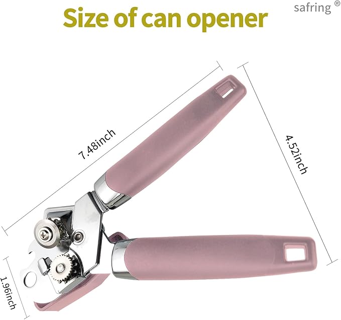 Safring Can Opener Manual, Handheld Strong Heavy Duty Stainless Steel Can Opener, Comfortable Handle, Sharp Blade Smooth Edge, Can Openers with Multifunctional Bottle Opener, Pink - Image 2