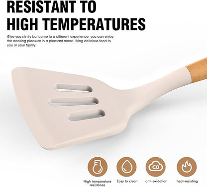 Silicone Cooking Utensils Set - AVGPD Silicone Kitchen Utensils for Cooking Wooden Handles, 446°F Heat Resistant Kitchen Utensil Spatula Sets w Holder, Gadgets for Non-Stick Cookware BPA FREE (Khaki) - Image 6