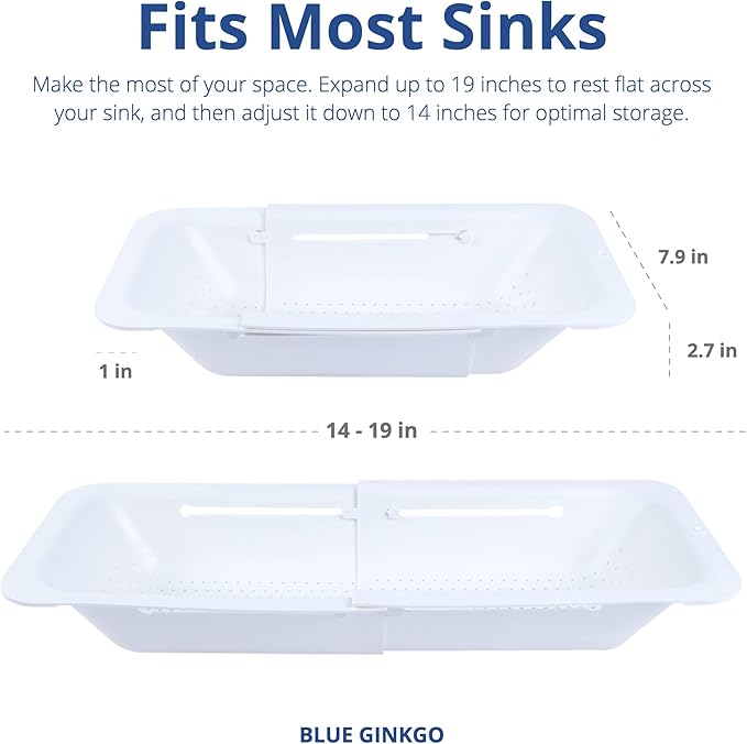 BLUE GINKGO Over the Sink Colander Strainer Basket - Wash Vegetables and Fruits, Drain Cooked Pasta and Dry Dishes - Extendable - New Home Kitchen Essentials (White, 1 Pack) - Image 5