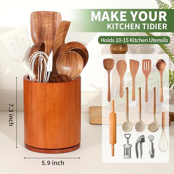 Wooden Utensil Holder, 360°Rotating 7.3'' Large Utensil Holder for Kitchen Counter, Kitchen Utensil Organizer, Utensil Crock, Farmhouse Kitchens Countertop Decor, Cherry-finish - Image 2