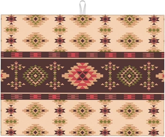 American Aztec Dish Drying Mat Traditional Ethnic Style Design Geometric Drying Rack Pad Countertop Dishes Ultra Absorbent Microfiber Kitchen Counter Mat 18x24 Inch