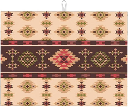 American Aztec Dish Drying Mat Traditional Ethnic Style Design Geometric Drying Rack Pad Countertop Dishes Ultra Absorbent Microfiber Kitchen Counter Mat 18x24 Inch