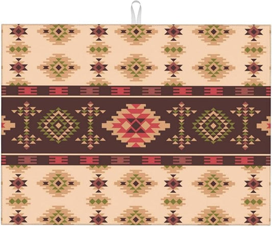 American Aztec Dish Drying Mat Traditional Ethnic Style Design Geometric Drying Rack Pad Countertop Dishes Ultra Absorbent Microfiber Kitchen Counter Mat 18x24 Inch