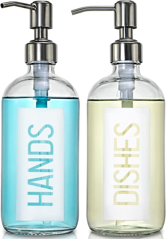 JASAI 2Pack 18OZ Glass Soap Dispenser with Rustproof 304 Stainless Steel Pump, Kitchen Soap Dispenser for Hands & Dishes (White) by JASAIHOME