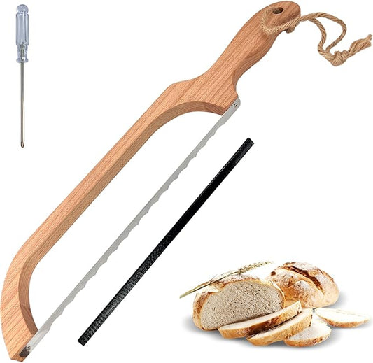 ROYOROYI Bread Slicer for Homemade Bread,16" Wooden Sourdough Bread knife with Bow Design,Premium Stainless Steel Serrated Saw Bread cutter for Bagels, Baguettes and More by ROYOROYI