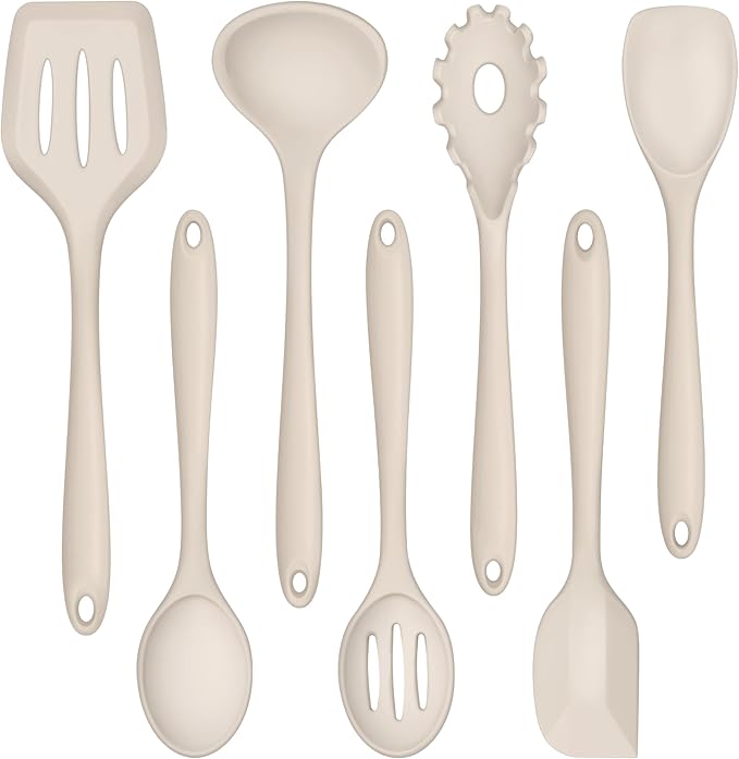 TeamFar Silicone Cooking Utensils, 7 PCS Heat Proof Kitchen Utensils Set, Kitchen Tools Spatula Turner Ladle Spoon Pasta Fork for Nonstick Cookware, Non-Toxic & Dishwasher Safe, Khaki by TeamFar