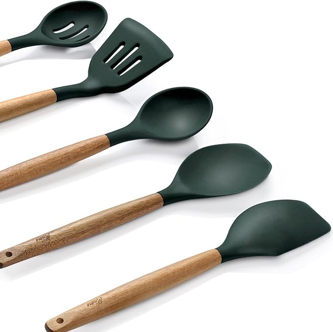 Non-Stick Silicone Cooking Utensils Set with Natural Acacia Hard Wood Handle, 5 Piece, High Heat Resistant (Green) - Image 8