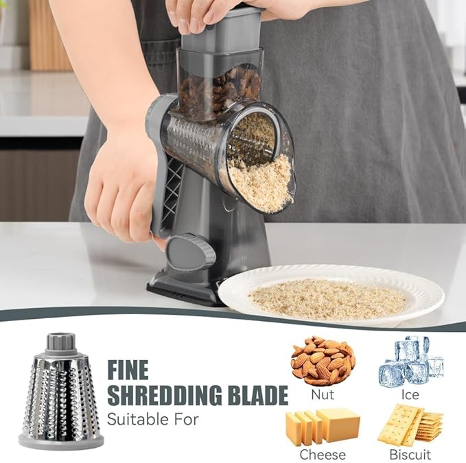 KEOUKE Rotary Cheese Grater Hand Crank Transparent - Shredder Slicer Grinder 3 Stainless Steel Blades, Stable Suction, Labor-Saving Handle, Safe Kitchen Tool for Cheese, Vegetable, Nuts, Chocolate - Image 3