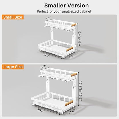 PXRACK Under Sink Organizer, Adjustable Height, 2 Tier Pull Out Under Cabinet Organizer, Slide Out Thickened Metal Under Sink Storage for Kitchen Bathroom Laundry Pantry Cabinet, White, Small-1-Pack - Image 2
