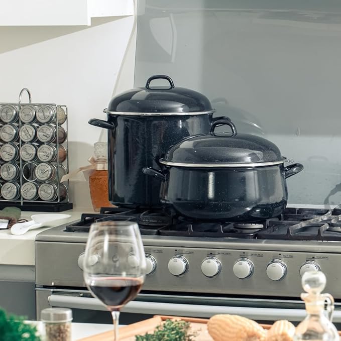 Granite Ware 15 Qt Heavy Gauge Stock Pot with Lid. (Speckled Black) Enamelware. Stainless Steel. Suitable for cooktops, oven to table. Dishwasher Safe.