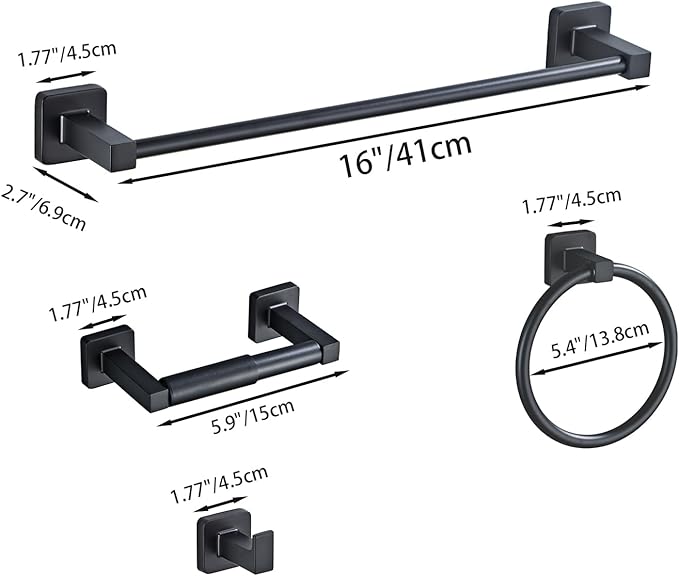 Matte Black Bathroom Hardware Set 4 Pieces,Towel Bar Set Stainless Steel Wall Mounted, Includes 16In Hand Towel Bar, Towel Ring, Robe Towel Hooks,Toilet Paper Holder, Bathroom Towel Rack Set - Image 7