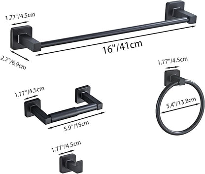 Matte Black Bathroom Hardware Set 4 Pieces,Towel Bar Set Stainless Steel Wall Mounted, Includes 16In Hand Towel Bar, Towel Ring, Robe Towel Hooks,Toilet Paper Holder, Bathroom Towel Rack Set - Image 7
