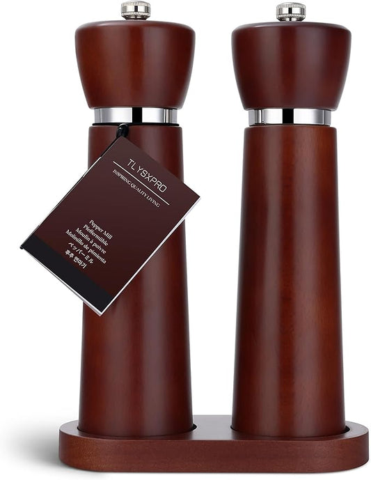 TLYSXPRO Wooden Salt and Pepper Grinder Set – Refillable Salt and Pepper Mill with Adjustable Upgraded Large Size Ceramic Burr – Manual Pepper Grinder with Beech Wood Body – 8.3” Tall (Chestnut)