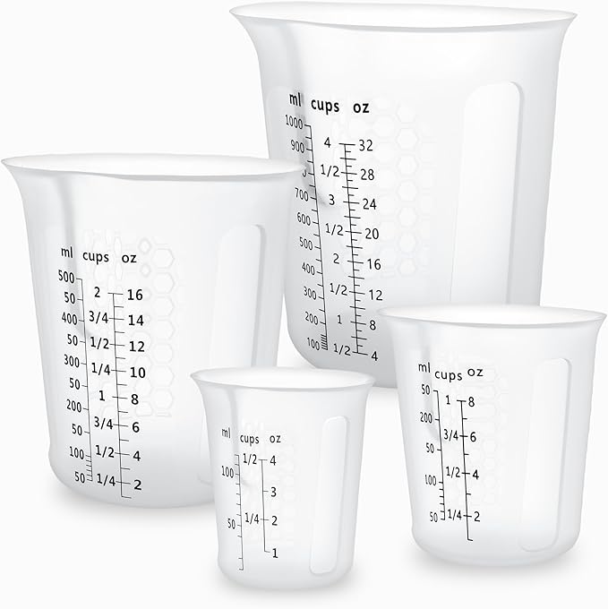 Silicone Measuring Cups 4-Pack Set, (1/2, 1, 2, 4 Cup) Reusable Silicone Cup for Prepping Cooking Baking Supplies, Melting Butter Chocolate 125ml 250ml 500ml 1000ml Dishwasher Microwave Safe