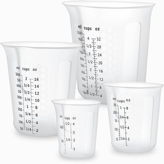 Silicone Measuring Cups 4-Pack Set, (1/2, 1, 2, 4 Cup) Reusable Silicone Cup for Prepping Cooking Baking Supplies, Melting Butter Chocolate 125ml 250ml 500ml 1000ml Dishwasher Microwave Safe
