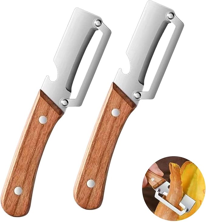 2PCS Vegetable Peeler, Multifunctional Vegetable Peeler, with Wooden Handle and Bottle Opener, Stainless Steel Blade Kitchen Tool for Fruit Vegetable, Pumpkin, Radish, Apple by Unknown