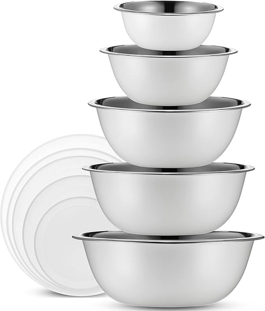 WHYSKO Stainless Steel Mixing Bowl Set, 10 Piece Stainless Steel Mixing Bowls with Lids Set for Food Prep Storage and Serving, Dishwasher Safe for Kitchen Baking Cooking, White by WHYSKO