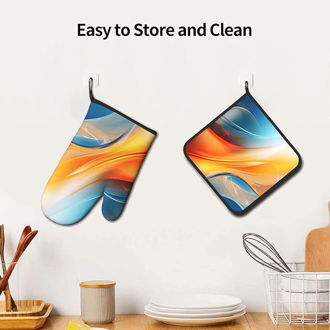 Burnt Orange Blue Abstract Fluid Oven Mitts and Pot Holders Sets of 3, Heat Resistant Non-Slip Boho Modern Kitchen Gloves Gift for Cooking Lover, Stylish Kitchen Decor for Baking BBQ Cooking Grilling - Image 5