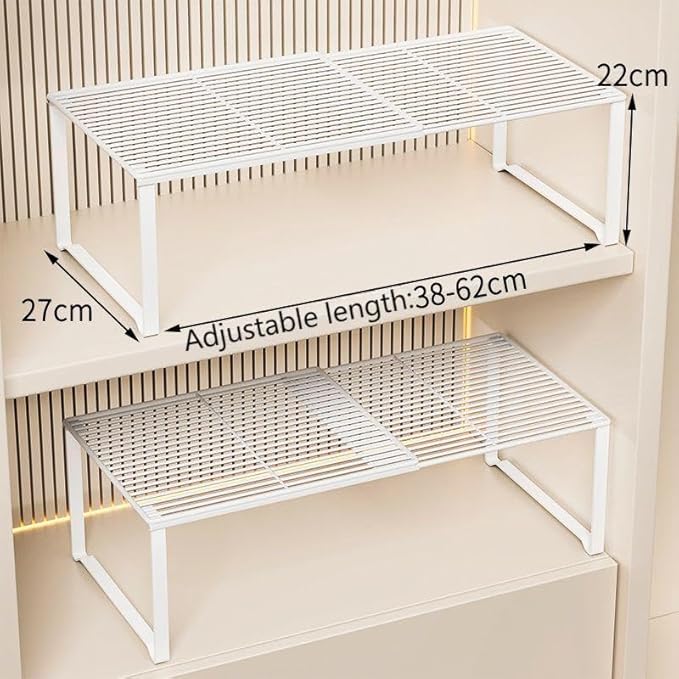 Extendable Metal Wire Shelf Organizer - Adjustable 15-24.4in Length, Stackable Storage Rack for Kitchen/Pantry/Bathroom/Shoe Cabinet/Tool Closet (2, White) - Image 2