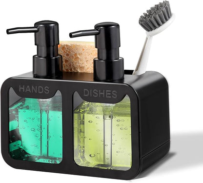 Kitchen Soap Dispenser Set, with Hand and Dish Soap, Sponge Caddy and Brush Holder 4-in-1 Kitchen Dual Soap Dispenser Set for Kitchen Sink, Bathroom - Black by Eavida
