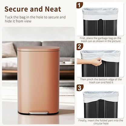 PayLessHere Trash Can Kitchen Stainless Steel Trash Can Trash Can with Lid Removable Inner Bucket Foot Pedal Soft Close for Office Home Kitchen Garbage Can Trash Bin (Pink, 13 G) - Image 6
