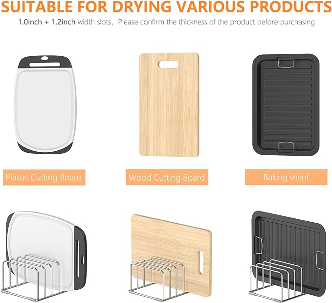 KORRTFID Cutting Board Holder Stand, Chopping Board Storage Rack, Cutting Board Organizer, 304 Stainless Steel Chopping Board Holder, Cookie Sheets Organizer 1.0+1.2 Inch Width Slots(Large) - Image 4