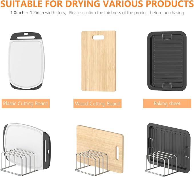 KORRTFID Cutting Board Holder Stand, Chopping Board Storage Rack, Cutting Board Organizer, 304 Stainless Steel Chopping Board Holder, Cookie Sheets Organizer 1.0+1.2 Inch Width Slots (2 PCS) - Image 4