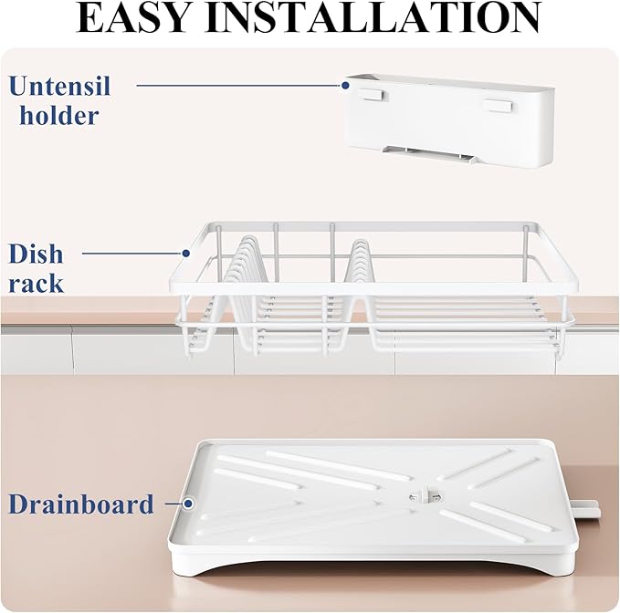 SNTD Dish Drying Rack for Kitchen Counter - Large Dish Rack with Drainboard, Rustproof Dish Drainer with Utensil Holder for Sink, White - Image 6