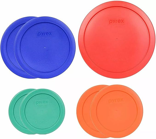 Pyrex (2) 7202-PC Green, (2) 7200-PC Orange, (2) 7201-PC Cobalt Blue, (1) 7402-PC Red Food Storage Lids - Made in USA by Pyrex