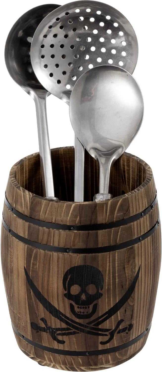 MyGift Rustic Burnt Wood Pirates Rum Cask Style Kitchen Utensil Crock, Vintage French Wine Barrel Cooking Tools Holder with Skull and Cutlass Sword Design by MyGiftHome