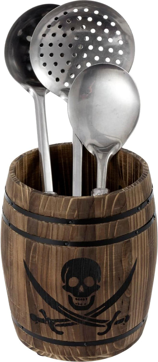 MyGift Rustic Burnt Wood Pirates Rum Cask Style Kitchen Utensil Crock, Vintage French Wine Barrel Cooking Tools Holder with Skull and Cutlass Sword Design by MyGiftHome