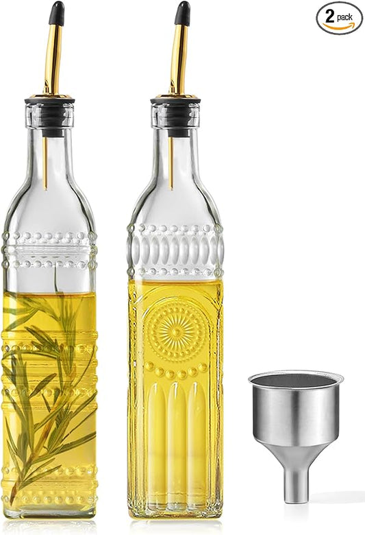 2 Pcs Olive Oil Dispenser Bottle for Kitchen,17oz Clear Glass Cooking Oil and Vinegar Dispenser Set, Coffee Syrup Dispenser with 2 Pourers and 1 Funnel (Two squares) by Ruiao
