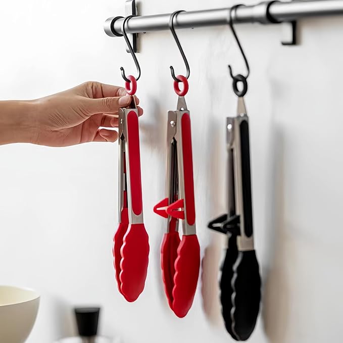 Kitchen Tongs, 9 Inch Tongs for Cooking with Silicone Tips, Food Grade Mini Serving Tong for Nonstick Pans, BBQ, Salad, Set of 3, Red - Image 5