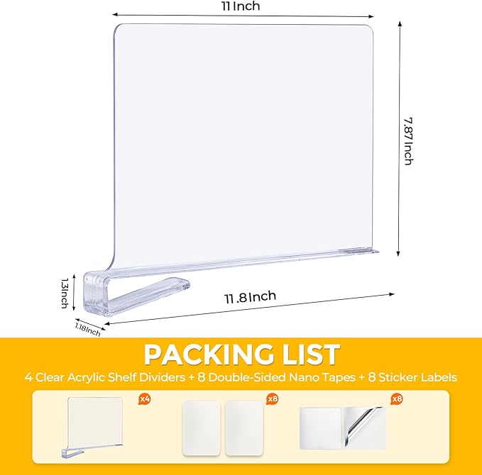 JOY DECOR 2 Pack Acrylic Clear Shelf Dividers for Closets Organizer and Storage Adjustable Vertical Wood Shelf Closet Separators for Clothes,Book,Bags in Bedroom and Kitchen - Image 2