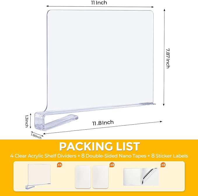 JOY DECOR 12 Pack Acrylic Clear Shelf Dividers for Closets Organizer and Storage Adjustable Vertical Wood Shelf Closet Separators for Clothes,Book,Bags in Bedroom and Kitchen - Image 2