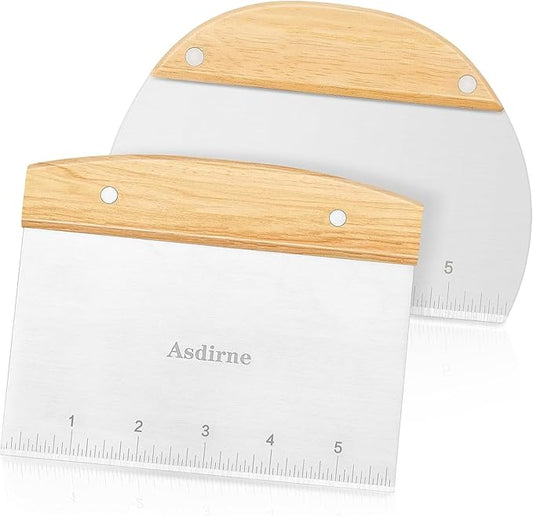 Asdirne Dough Cutter, Dough Scraper with Wooden Handle and Food Grade Stainless Steel Blade, Pastry Scraper, 15CM, 2Pcs