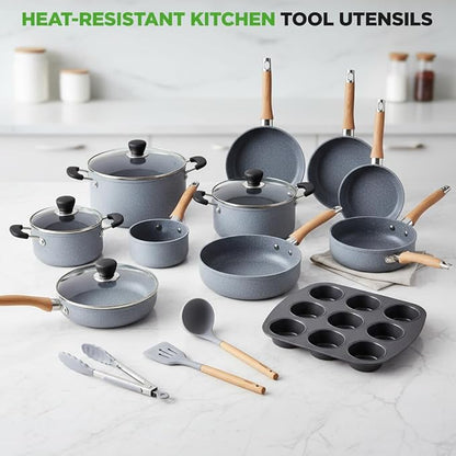 Nutrichef 22-Piece Cookware and Bakeware Set | Professional Home Kitchen Collection with Multi-Sized Pots, Pans, Non stick and Heat-Resistant Tools (Moon Grey Marble) - Image 5